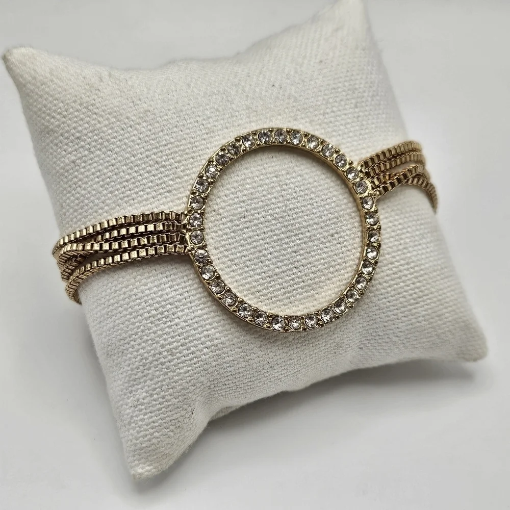 VINTAGE Rhinestone Circle Multi Strand Gold Tone Heart Clasp Bracelet